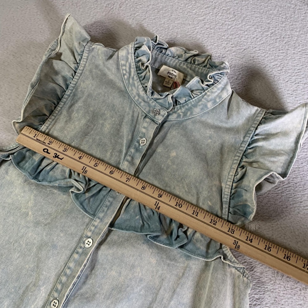 Entro Dress Womens Small Blue Denim Ruffle High Neck Button Up Shirt Dress NEW - Picture 4 of 12